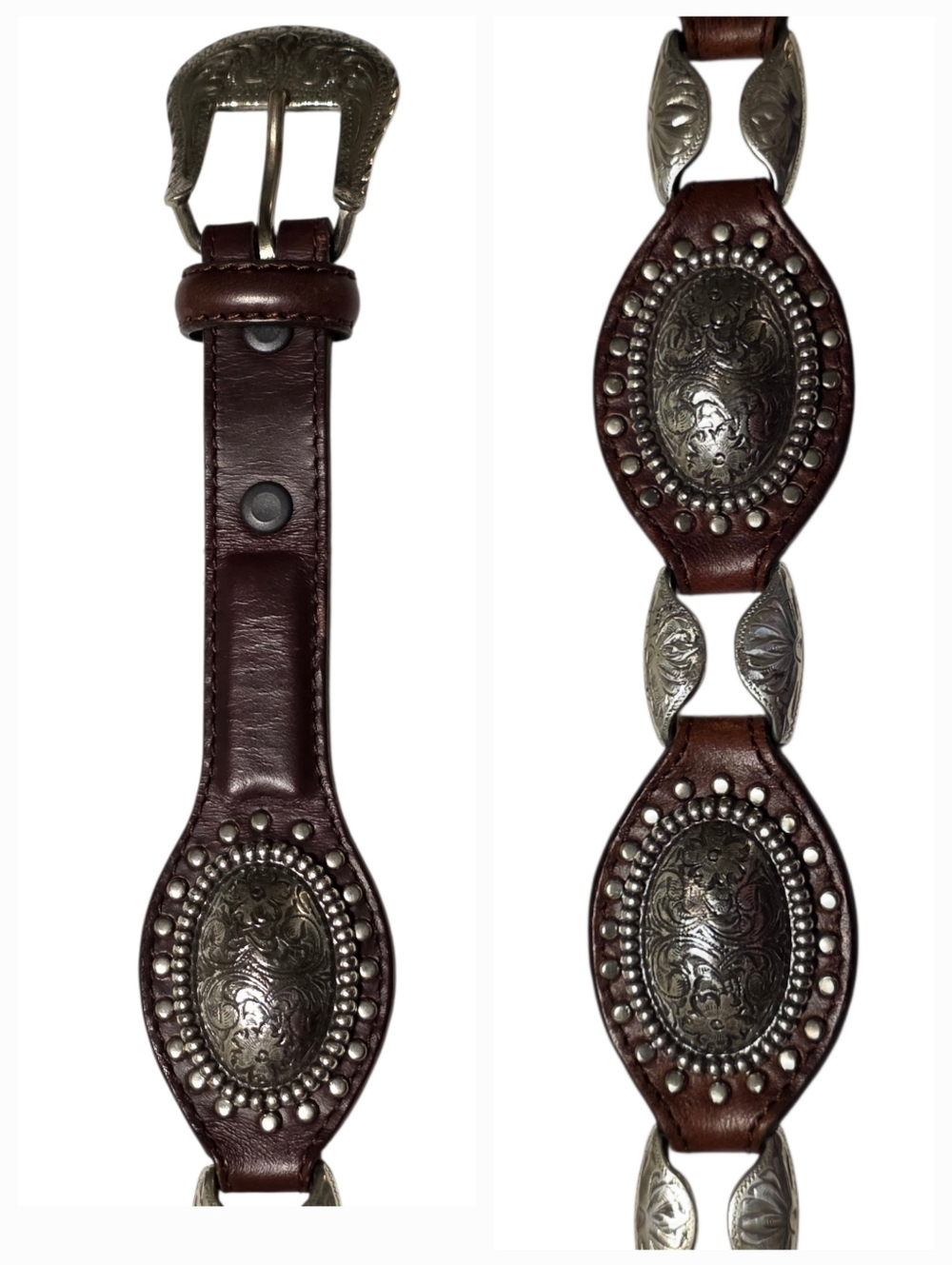 Vintage Justin Boots Brand Western Brown Leather & Silver Concho Belt Size 34
